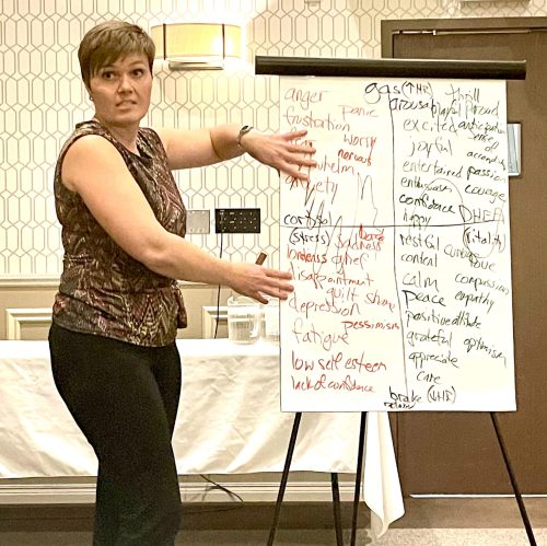 LORI PENNER THE CARILLON 

Stress management trainer and coach Louise Sanders demonstrates a learning tool she uses to demonstrate the relationship between the emotions, the nervous system, and the hormone system.