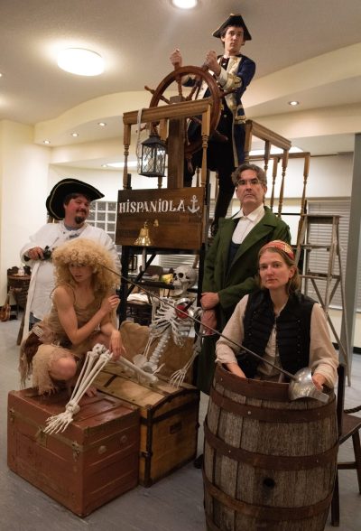 SVJETLANA MLINAREVIC THE CARILLON
The cast of Looking Glass Theatre's Treasure Island stand at attention during a dress rehearsal at the Steinbach Arts Council on Sept. 28, 2024. Treasure Island will premiere on Oct. 11 at the Mennonite Heritage Village. From left to right: Shannon Loewen, Sheldon Faroudh, Chris Friesen, Shane Hartry, and Kylee Kolesar.