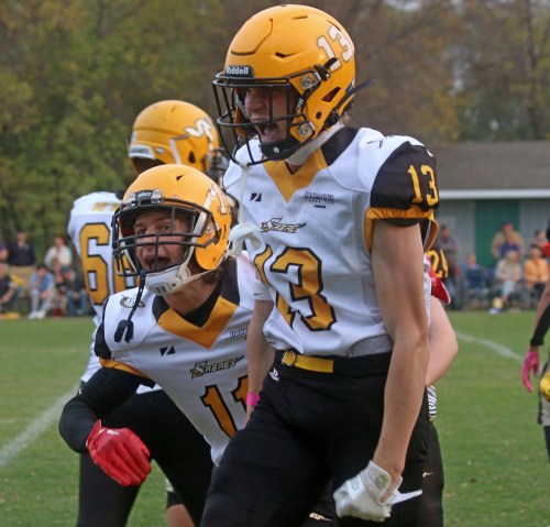 Juddah Wohlgemuth was amped up after the first of his two interceptions against Garden City Oct. 10. Wohlgemuth must have been even more excited later in the game when he took his second interception back to the end zone for a touchdown. (Cassidy Dankochik The Carillon)