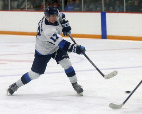 Grady Hoffman lets a shot go during Manitoba Junior Hockey League action earlier this season. Hoffman has committed to Tennessee State University, a Nashville-based school which will become the first first historically black college and university to introduce division 1 NCAA hockey in 2025. (Cassidy Dankochik The Carillon)