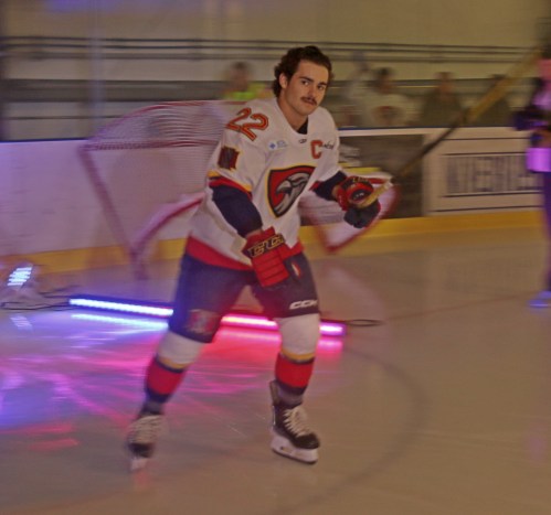 As captain of the Niverville Nighthawks, Carter Spirig was the last player introduced at the team's home opener. (Cassidy Dankochik The Carillon)