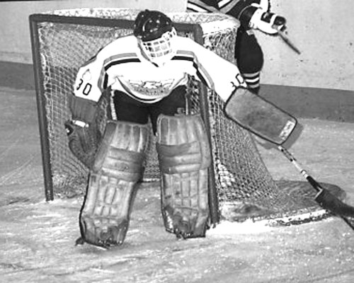 Rookie goaltender Russ Mehling was well on the way to his second MJHL victory when he was injured in the third period of the game against the St Boniface Saints. The Hawks went on to win 6-4, giving Al Hares his 300th victory as a MJHL coach. (Carillon Archives)