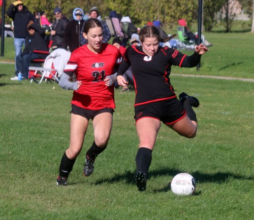 A Niverville Panthers player (black kit) goes for a shot during the Zone 13 soccer final Oct. 3. The Panthers would defeate Gabrielle-Roy 2-0 to advance to provincials. (Cassidy Dankochik The Carillon)