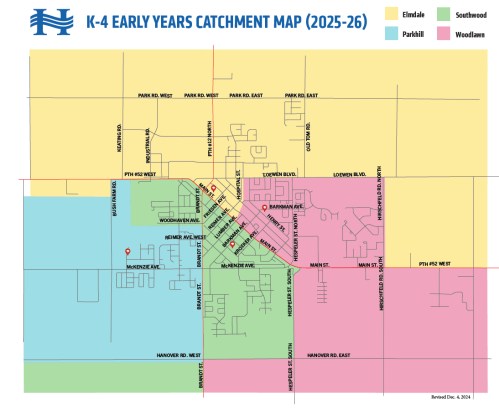 Map courtesy of Hanover School Division 

In light of the opening of Parkhill School in September, catchment boundaries in the City of Steinbach had to be redrawn as the school’s roster filled up quicker than expected. The new catchment area will see Southwood extending from Highway 52 West to Woodhaven Avenue and from Brandt Street and Main Street to Hespeler Street South and Hanover Road.