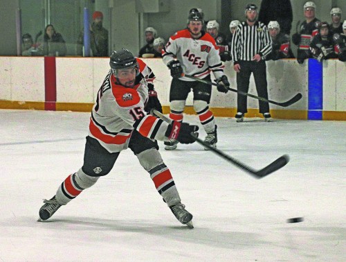 Yvan Pattyn lets a wrist shot fly. The assistant captain has nine points in eight games this season. (Cassidy Dankochik The Carillon)