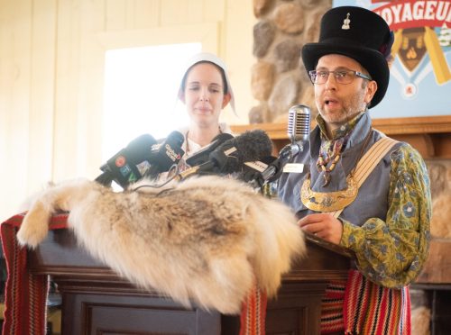 SVJETLANA MLINAREVIC THE CARILLON
Philippe Hutlet speks to reporters during the opening ceremony for the Festival Du Voyageur. Hutlet and his family are the Official Voyageurs for the 10 day event. In the photo is his wife Daniele (left).