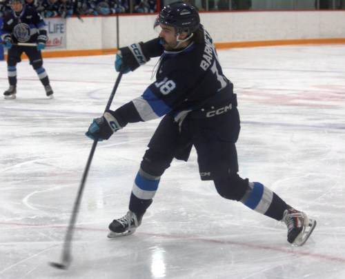 Brayden Barnett opened the scoring in Steinbach's 6-1 victory over Portage Feb. 14 with this shot. (Cassidy Dankochik The Carillon)