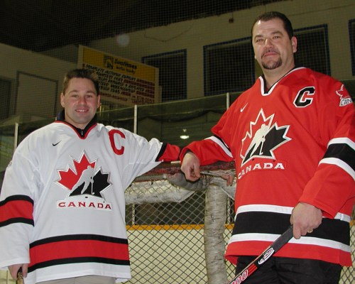 Chris Maxemuck and John Messner captain teams involved in a 36-hour hockey marathon to set a Guiness world record, and at the same time, raise funds for a stronger recreation program and improved facilities in the community of Lorette. (Carillon Archives)