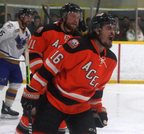 Jordan DePape yells after a second-period goal in game six of the SEMHL finals. (Cassidy Dankochik The Carillon)