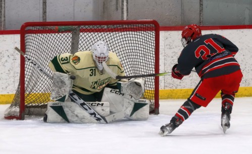 Donavan Bodnar, who was making his first competitive hockey start in more than a year, was called into action in the last minute to stop a penalty shot. Bodnar put up a shutout to give St Malo the series victory over Selkirk. (Cassidy Dankochik The Carillon)